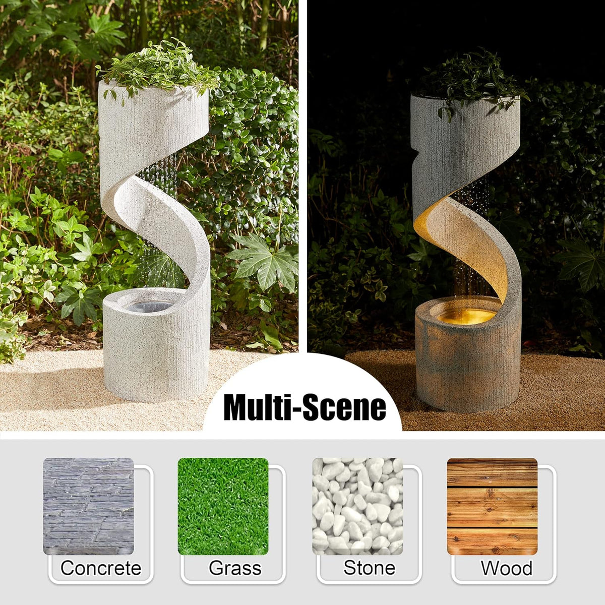 Glitzhome Decorative Tiered Outdoor Water Fountain with LED Light Vintage Curved Waterfall Fountain
