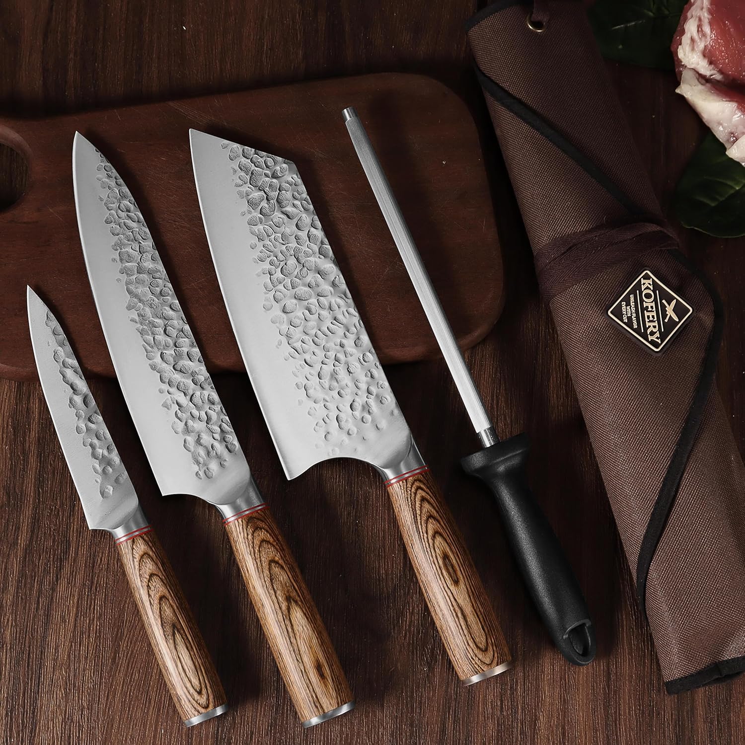 KOFERY 5PCS Chef and BBQ Knife Set with Roll Bag, High Carbon Stainless Steel Knives for Precise