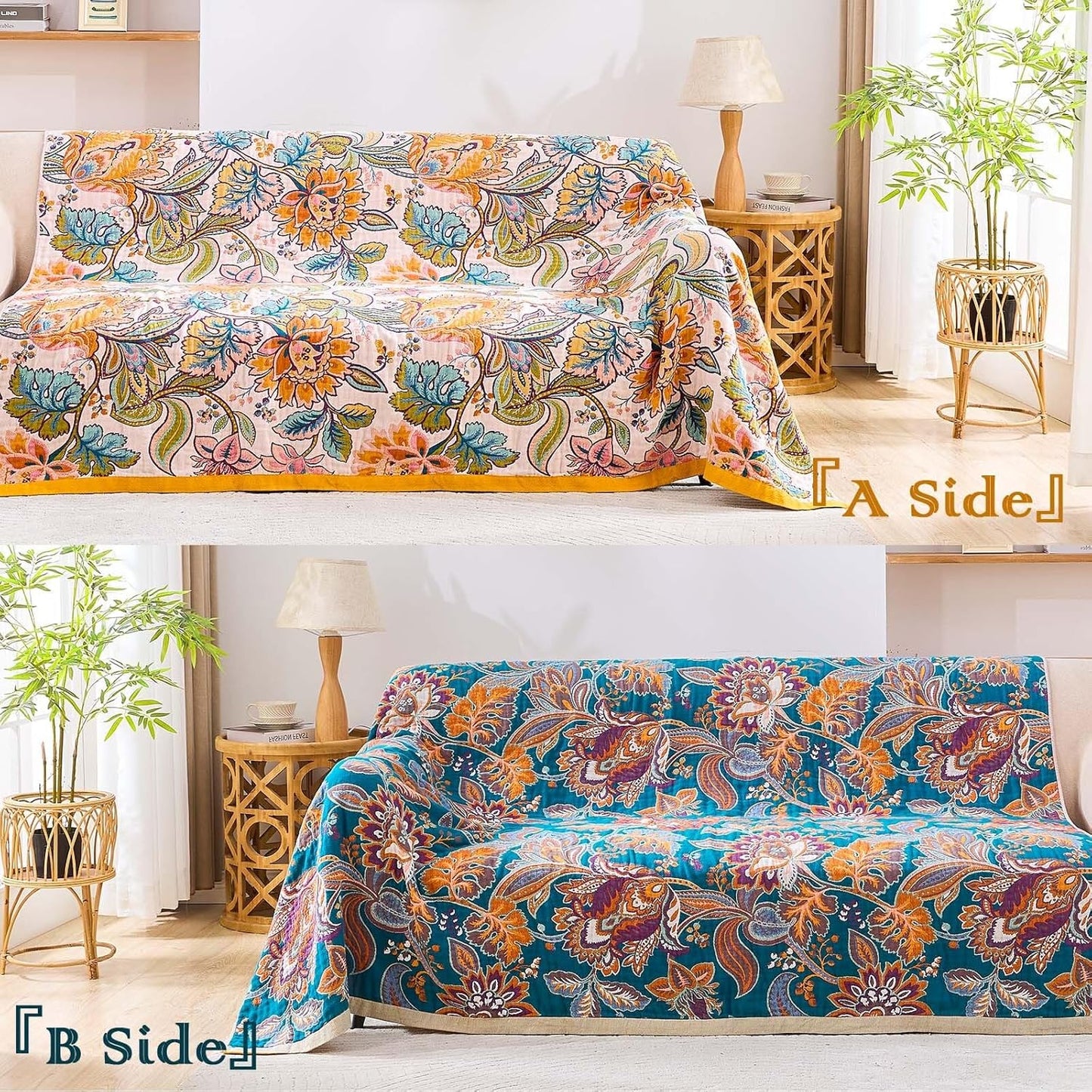 Boho Throw Blanket for Bed, 100% Cotton Soft Rustic Quilt Fall Blanket, 60"x80" Floral Printed