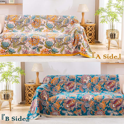 Boho Throw Blanket for Bed, 100% Cotton Soft Rustic Quilt Fall Blanket, 50"x60" Floral Printed