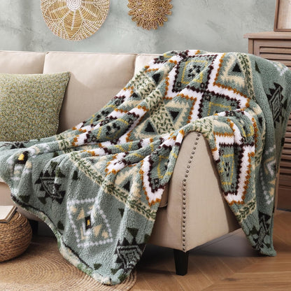 CASAAGUSTO Boho Sherpa Throw Blanket, Aztec Queen Blanket, Ultra Soft, Warm, Cozy, Plush, Thick