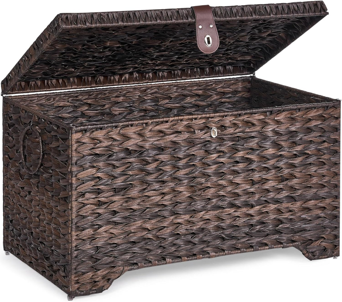 Handwoven Storage Basket with Lid, 165L Plastic Rattan Storage Bin, Leather Buckle & Metal Frame