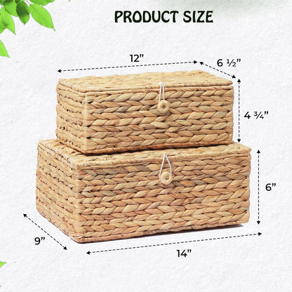 Set of 2 Rectangular Wicker Storage Bins with Lid, Rattan Basket Decorative Boxes, Multipurpose