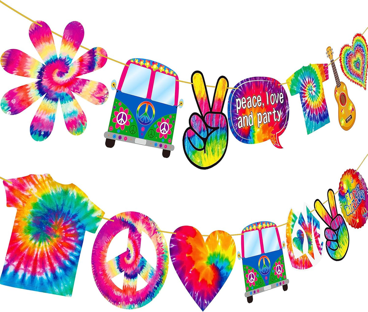 2pcs Tie Dye Birthday Banner Tie Dye Birthday Party Supplies Tie Dye Party Garland Decorations for