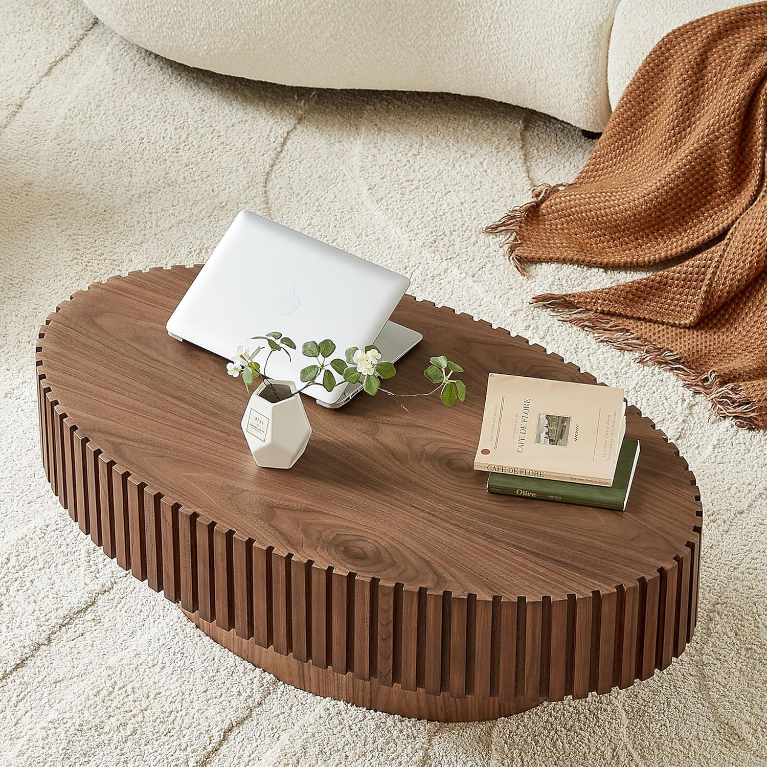 Oval Coffee Table for Living Room, Modern Fluted Coffee Tables with Pedestal Base, Handcrafted