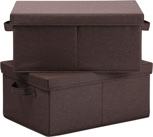 HOONEX Linen Foldable Storage Bins with Lids, 2 Pack, Storage Boxes with Carrying Handles and