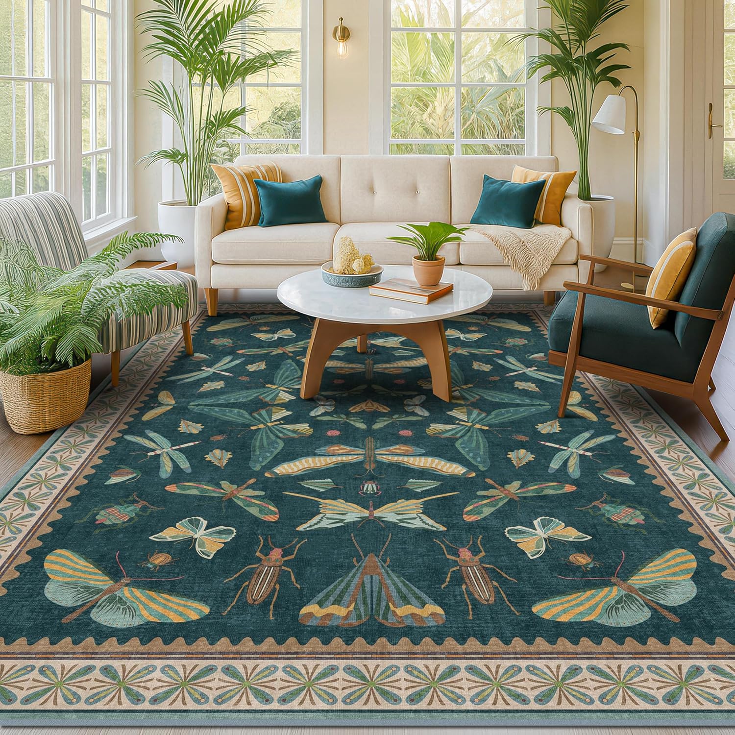 Oriental Blue and Green Area Rugs for Living Room 6x9 - Insect & Butterfly Dining Table Rug