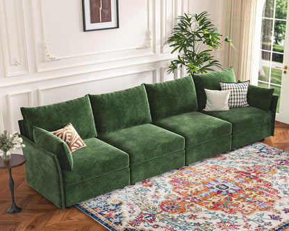 134.6" Modular Sectional Sofa, Oversized 4 Seater Green Couch with Removable Chenille Fabric Cover