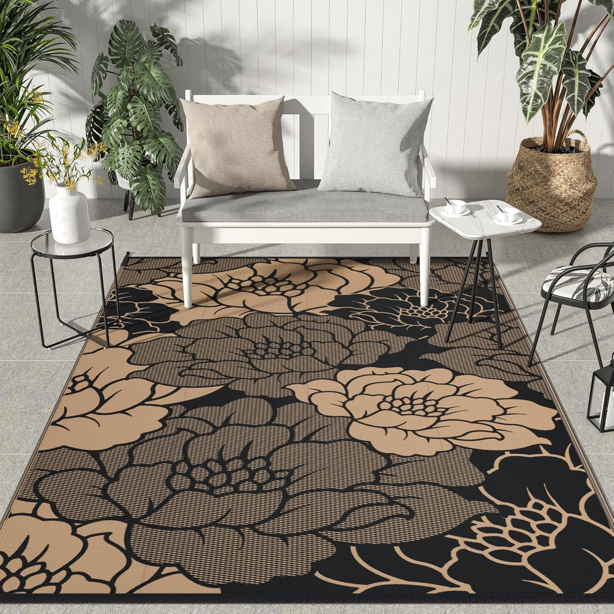 GENIMO Outdoor Rug Waterproof for Patio Decor, 8' x 10' Reversible Plastic Straw Floral Camping
