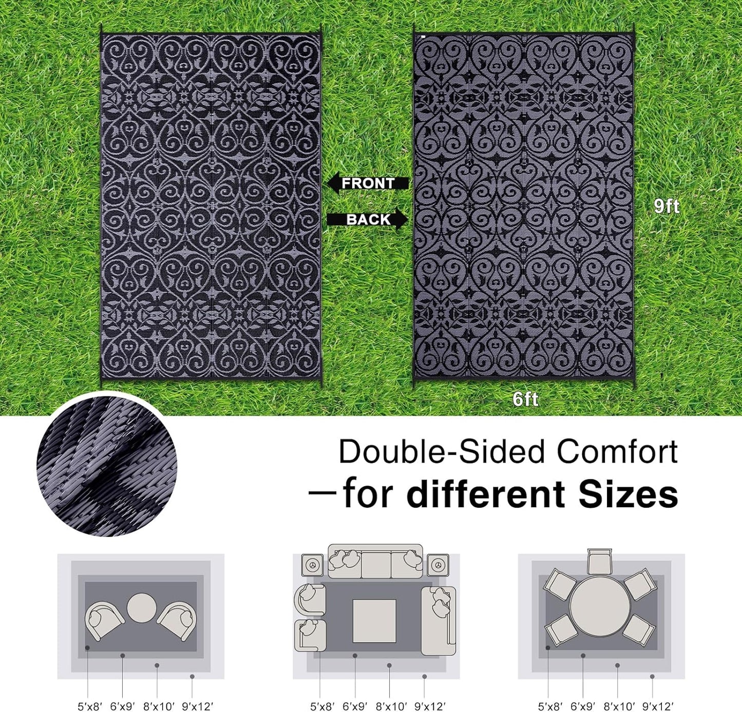OLANLY Outdoor Rug Waterproof 6x9 ft Clearance, Reversible Outdoor Plastic Straw Rug with Floral
