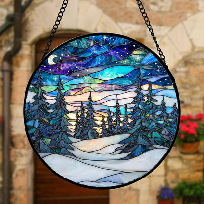 Stained Glass Window Hanging, Starry Sky Trees and Snow Sun Catchers Glass Panel Blue Suncatcher