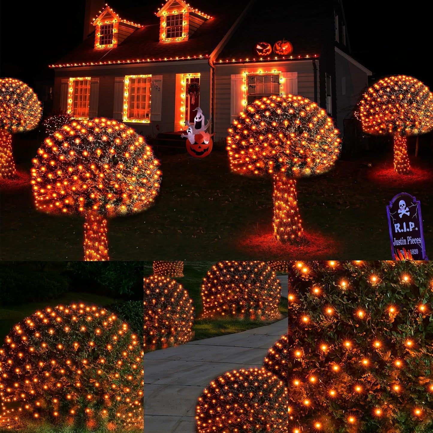 WBao Solar Halloween Lights Outdoor, 200LED 8.4ft x 5.2ft Halloween Net Lights with Remote, 8