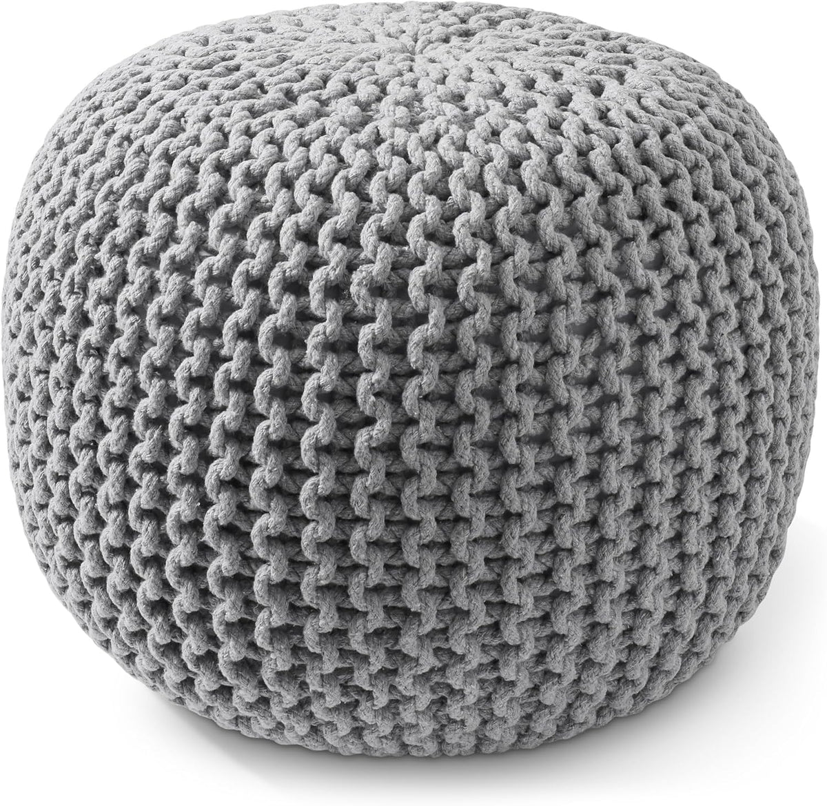 Casafield Round Pouf Ottoman, Light Gray - 20" Diameter x 14.5" High Cotton Knit Foot Stool - Boho