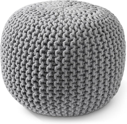 Casafield Round Pouf Ottoman, Light Gray - 20" Diameter x 14.5" High Cotton Knit Foot Stool - Boho