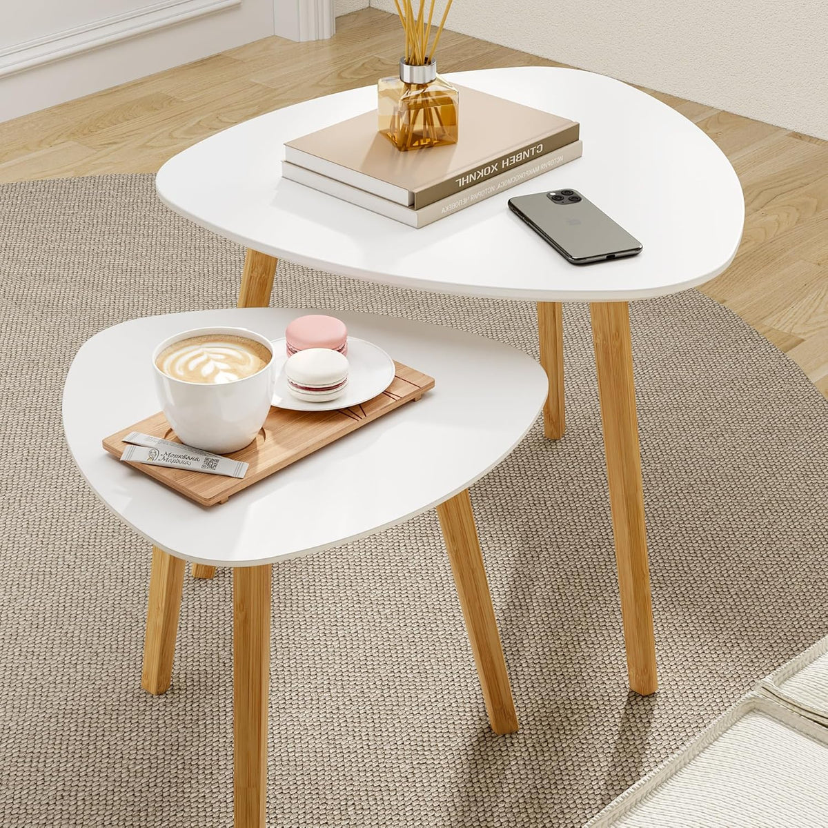 BAMEOS Bamboo Nesting Triangle End Table,Set of 2 Coffee Table Modern Minimalist Side Table for