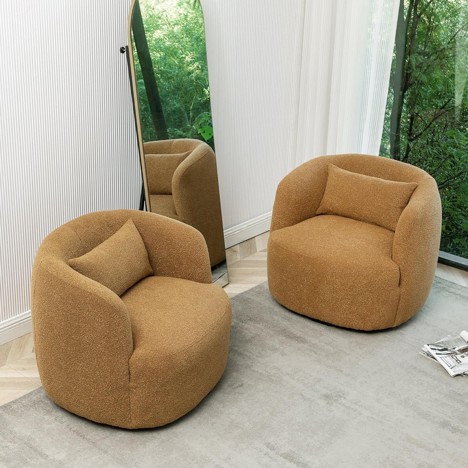 KINWELL 34" Wide Boucle Swivel Barrel Chairs Set of 2, No Assembly Round Upholstered Armchairs