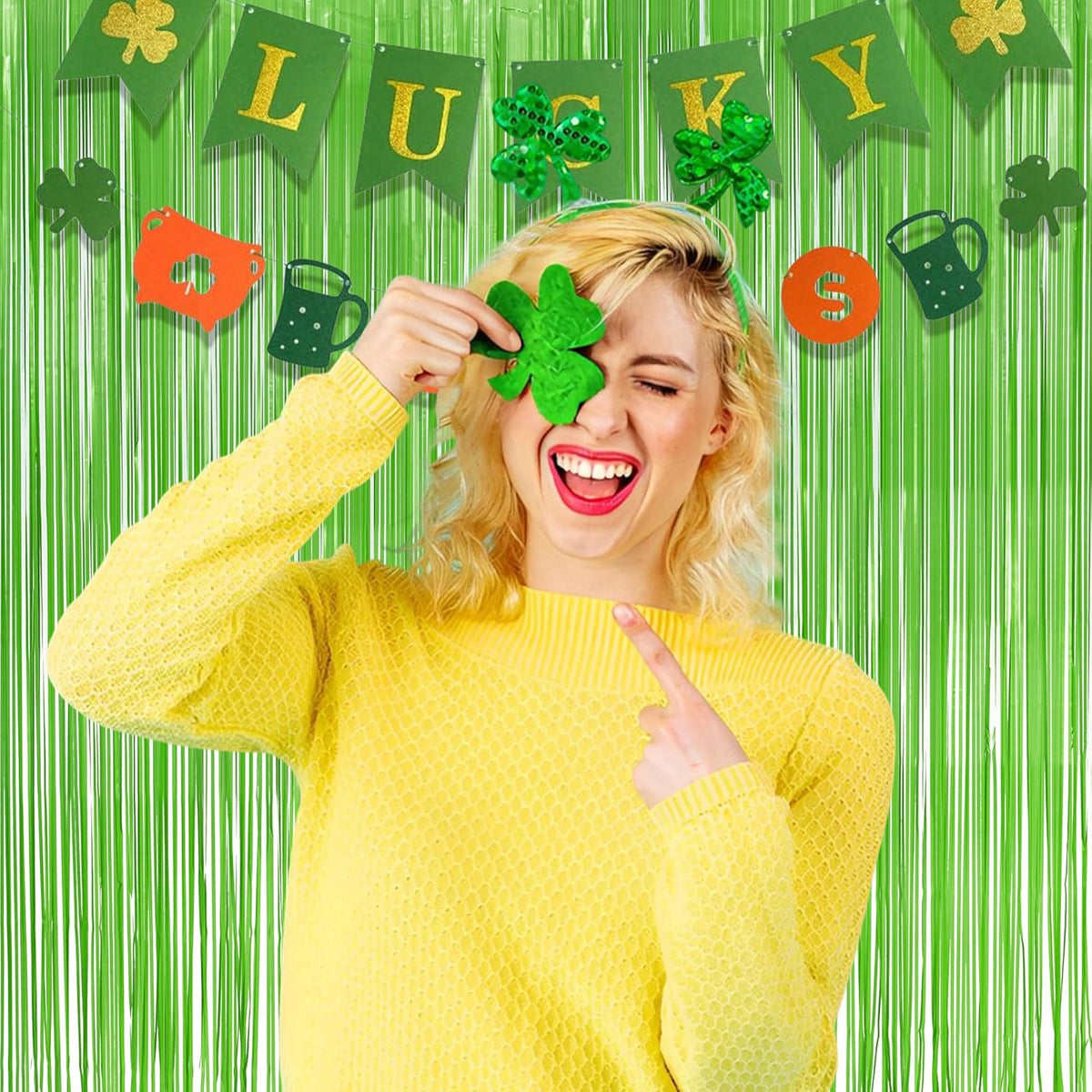 Lime Green Streamers Party Backdrop - GREATRIL Tinsel Curtain for St Patrick's Day/Frog/Wizard