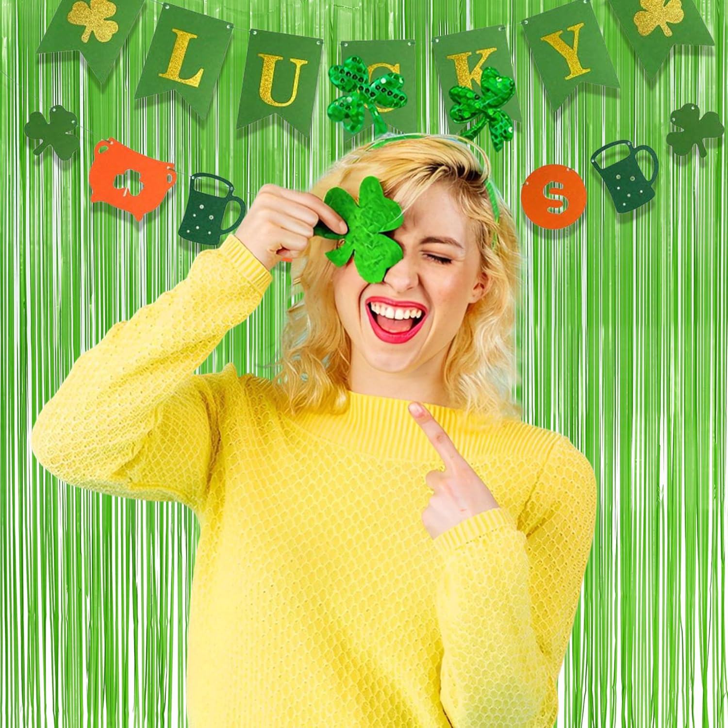 Lime Green Streamers Party Backdrop - GREATRIL Tinsel Curtain for St Patrick's Day/Frog/Wizard