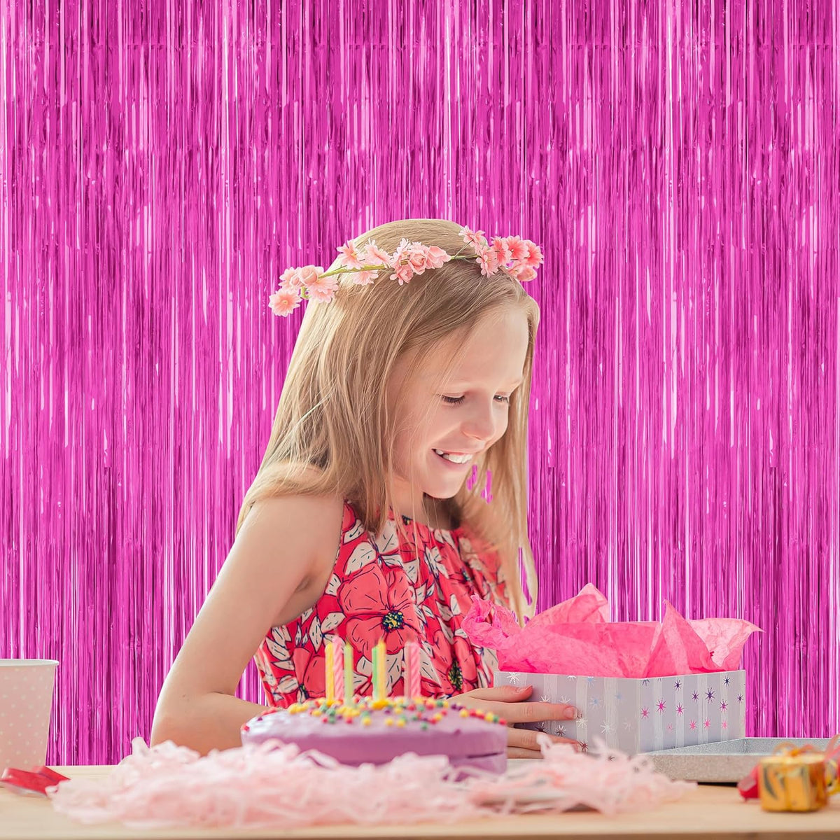 2 Pack Hot Pink Party Decorations, 3.28 FT x 7.05 FT Hot Pink Backdrop, Metallic Rose Red Photo
