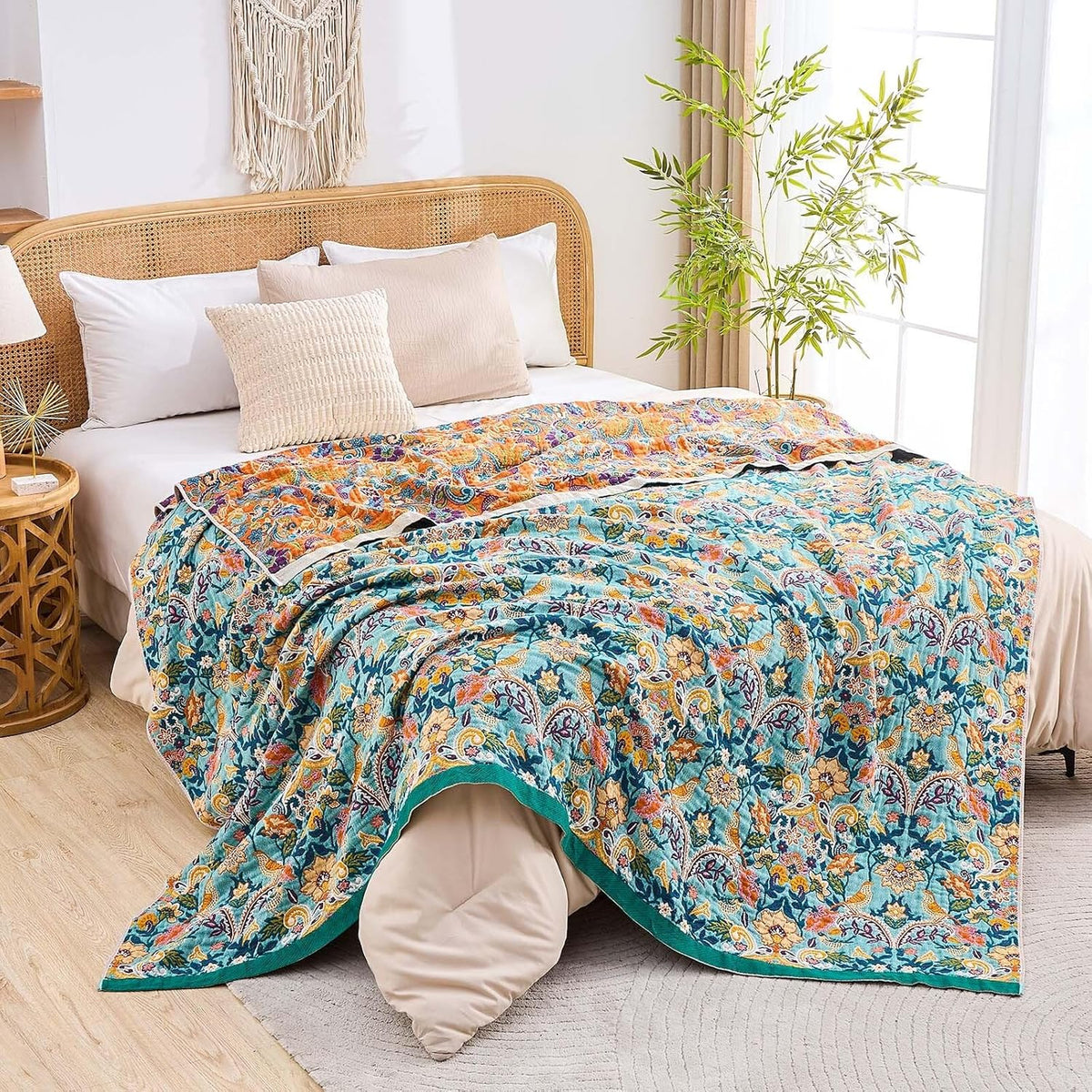 Boho Blanket Throw Quilt, 100% Cotton Soft Light Weight Throw Blankets for Summer, 50"x60"