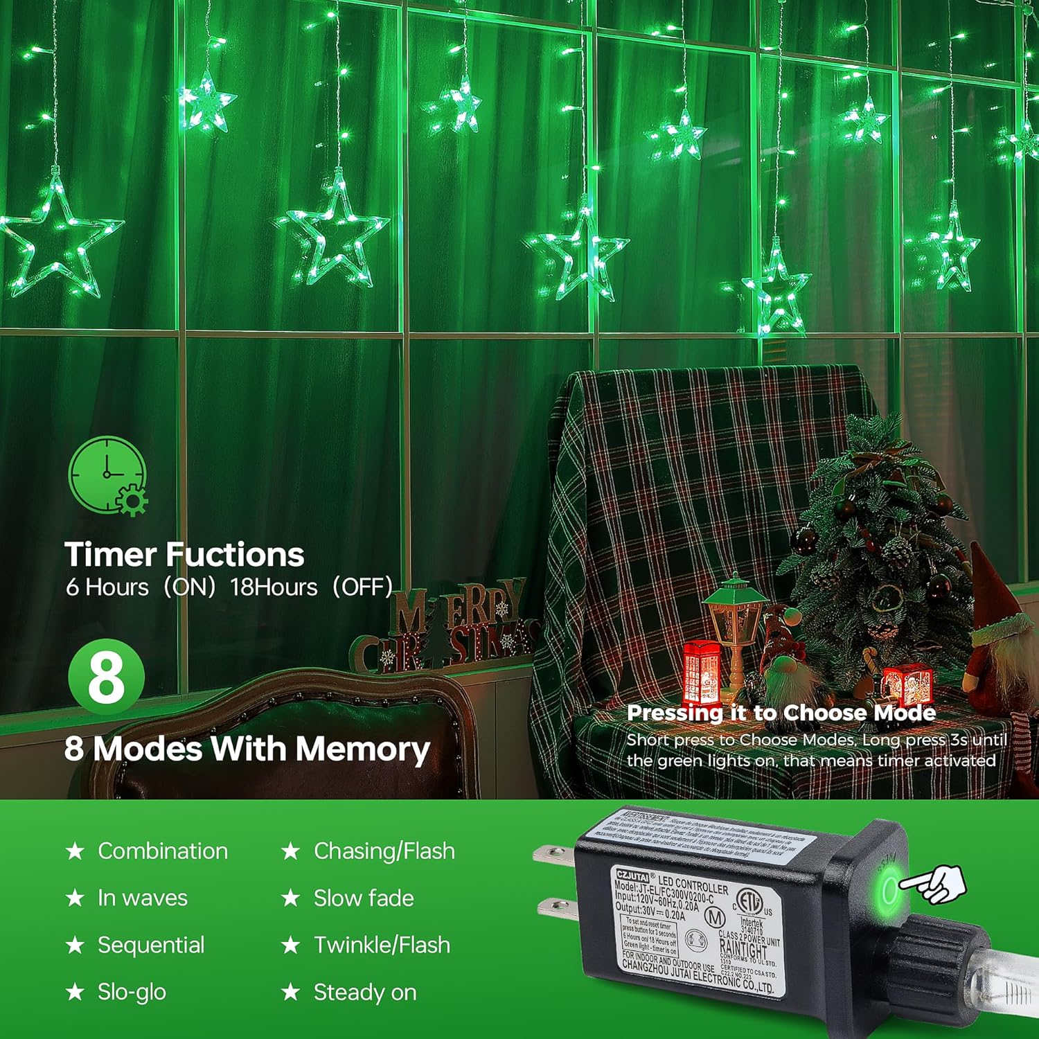 Green Star Icicle Lights,126LED 8.2FT Christmas String Lights with 8 Modes Waterproof,Clear Wire