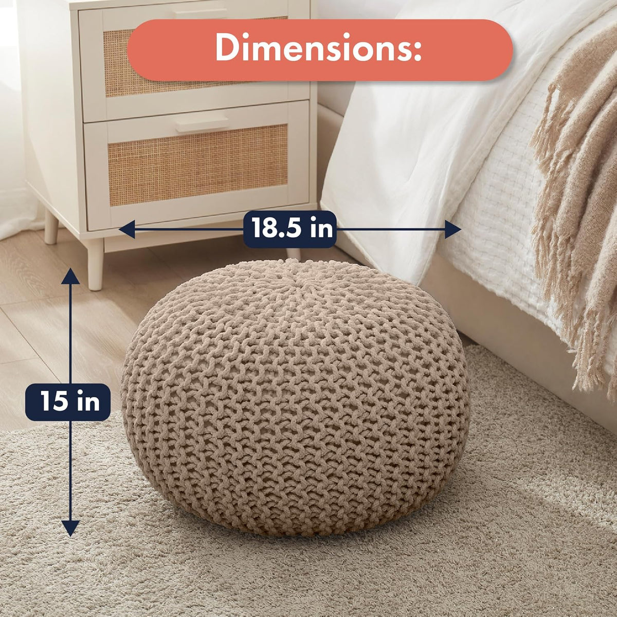 Ornavo Home Pouf Ottoman Foot Rest - 100% Cotton Pouffe - Hand Knitted Cable Braid Cord - Boho