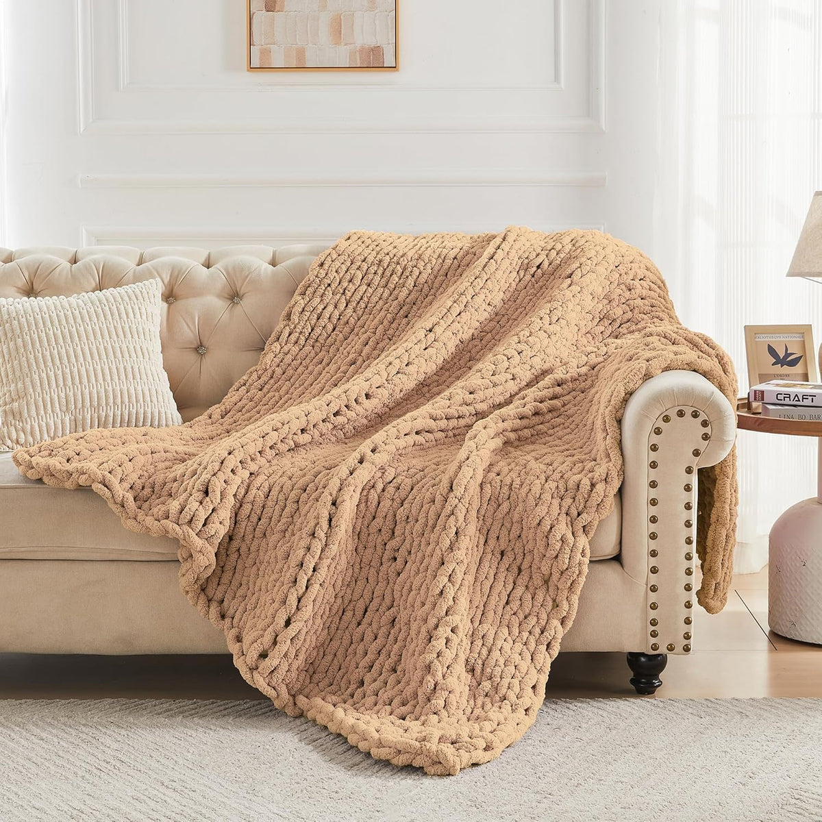 Carriediosa Chunky Knit Throw Blanket 60" X 80" Twin, 100% Hand Made Large Chenille Loop Yarn Soft