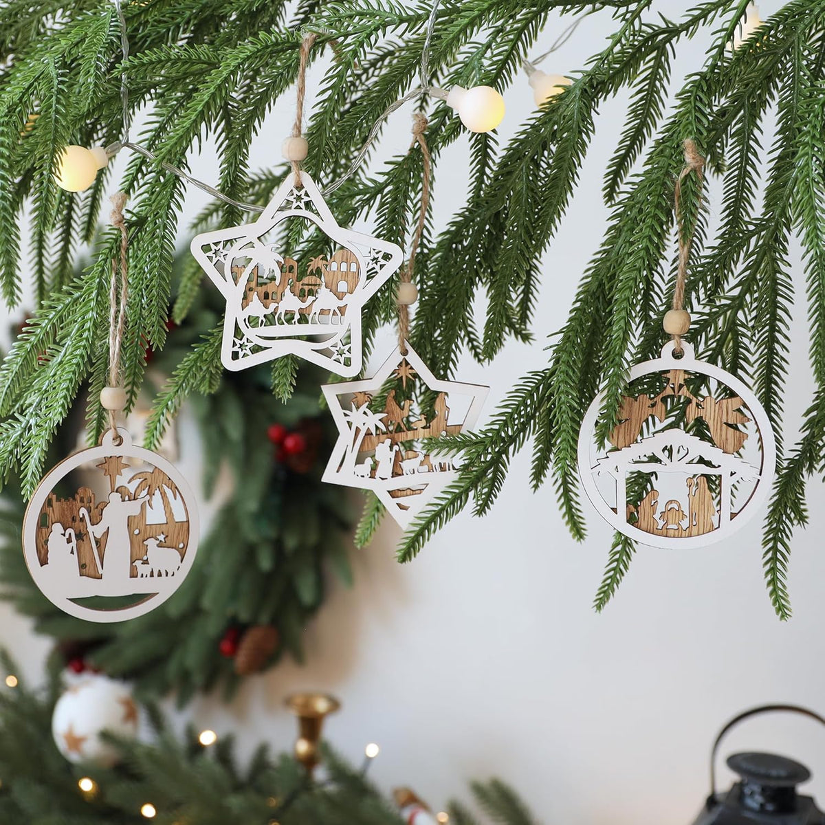 18Pcs Nativity Christmas Tree Ornaments Set, Wooden Nativity Scene Ornament, Religious Gift for