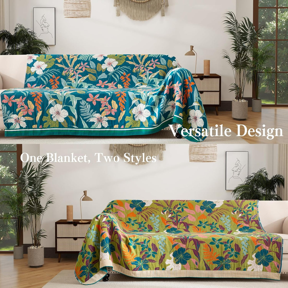 Boho Throw Blanket Twin Size, Soft Cozy Cotton Muslin Quilt Blanket for Bed Decor, Floral Patterned