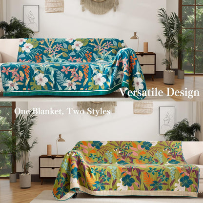 Boho Throw Blanket Twin Size, Soft Cozy Cotton Muslin Quilt Blanket for Bed Decor, Floral Patterned