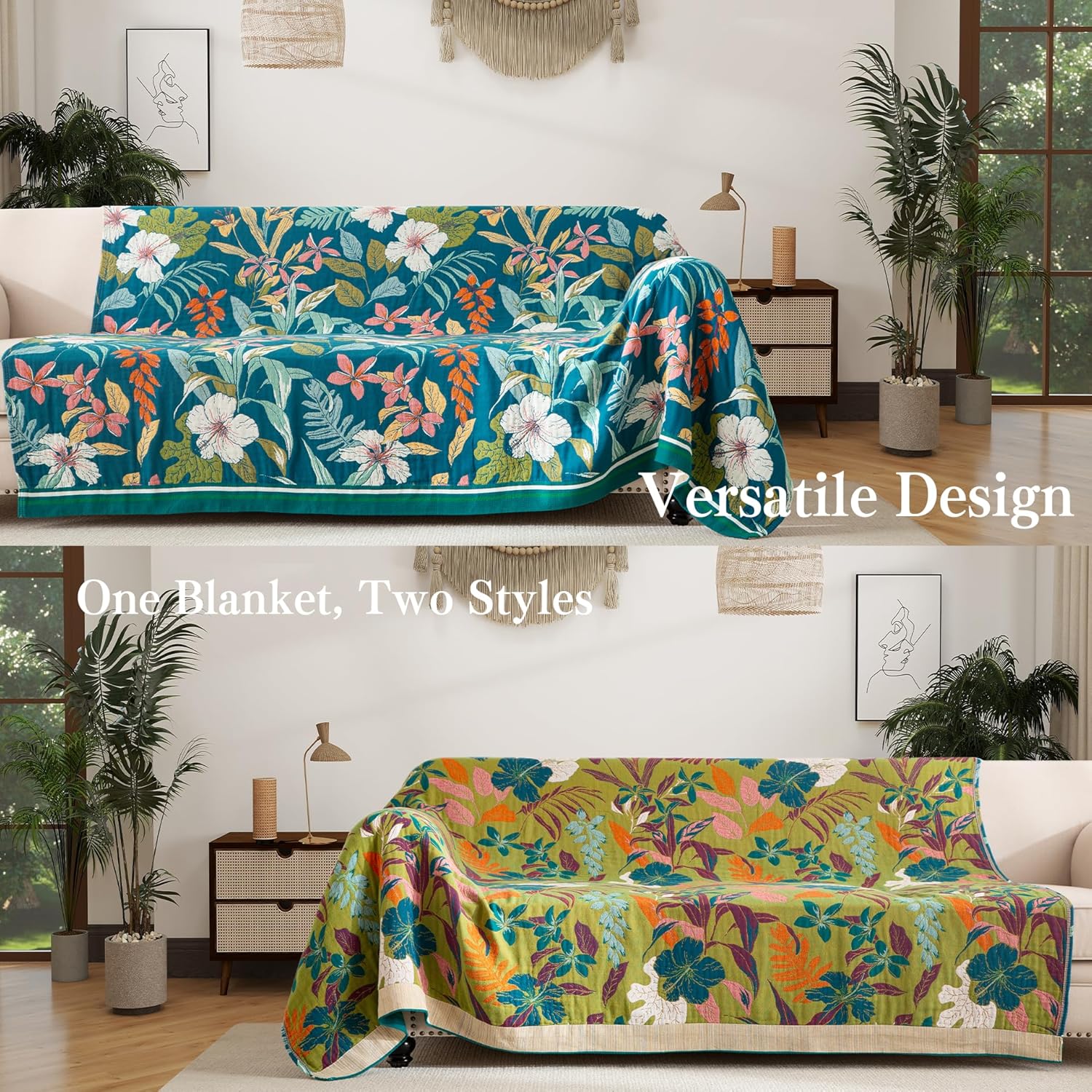 Boho Throw Blanket Full Size, Extra Large Soft Cozy Cotton Muslin Quilt Blanket for Bed Decor