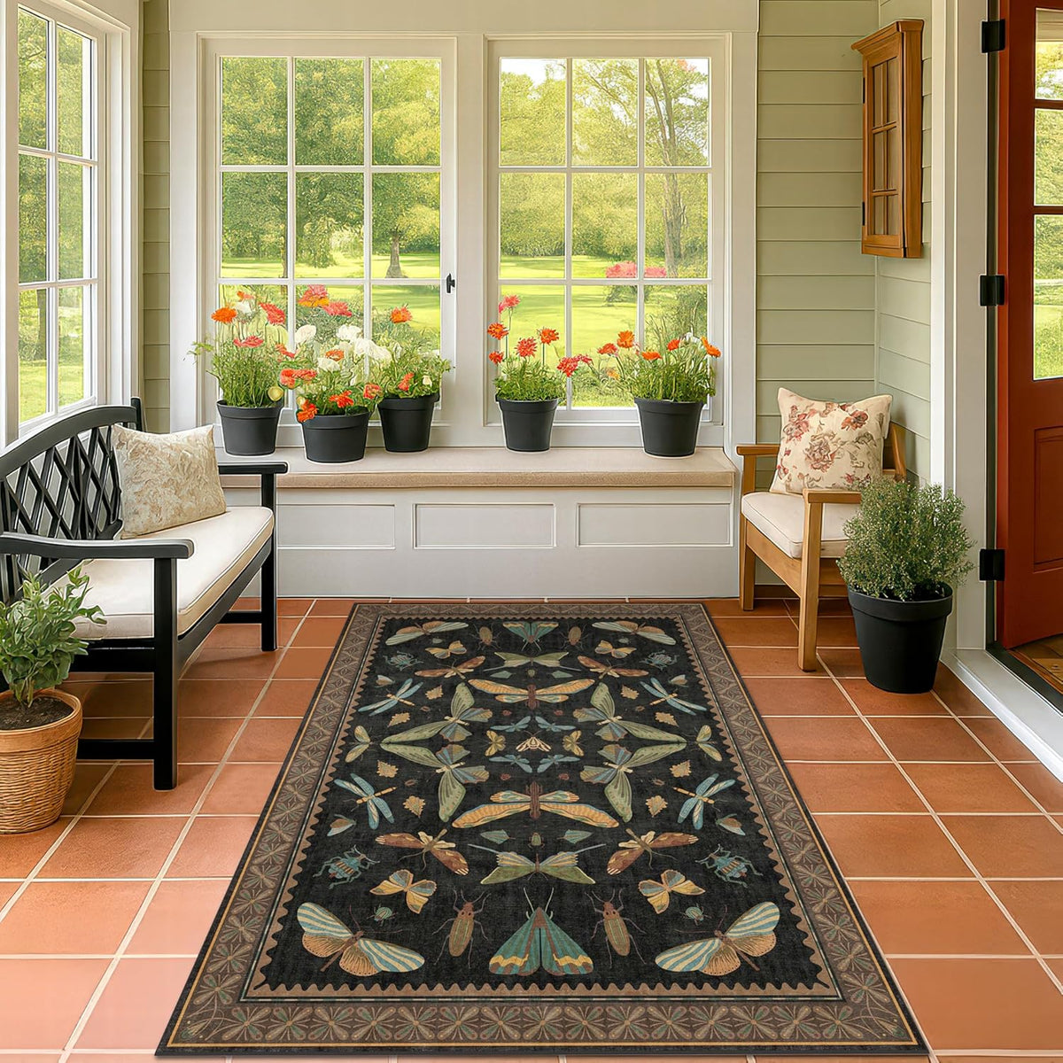 Insect Print Washable 4x6 Entryway Rug - Non-Slip Low Pile Area Rug for Large Kitchen, Bedroom