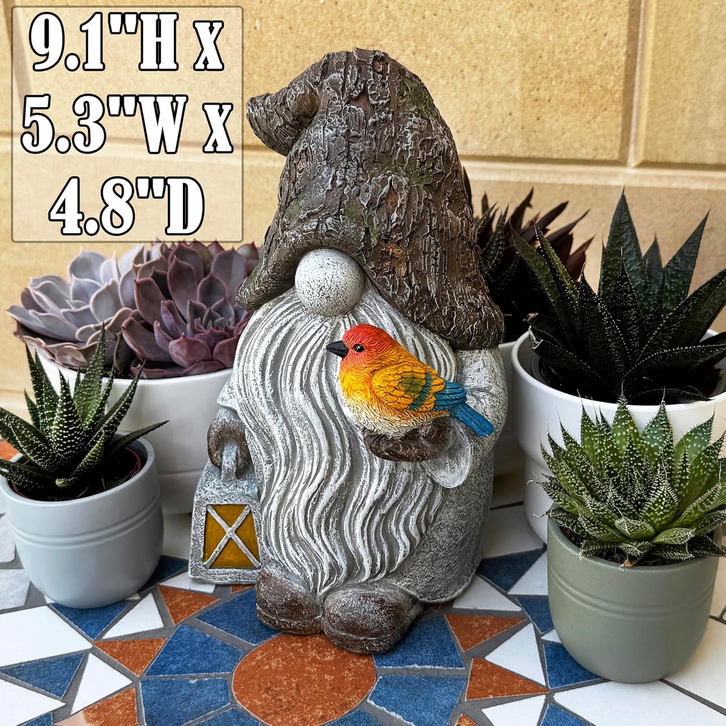 Mood Lab Garden Gnome - Stone Gnome Figurine - 9.1 Inch Tall Lawn Statue with Bird - for Outdoor or