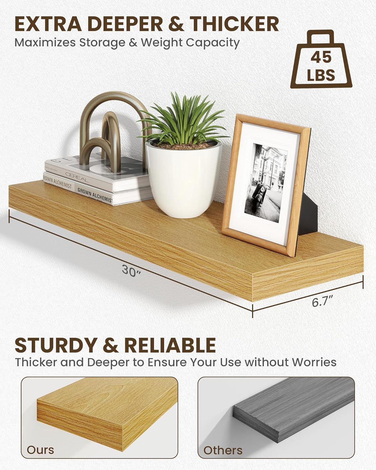 Marsmiles 30" Floating Shelves for Wall, Wooden Shelves with Invisible Brackets Set of 2, Rustic