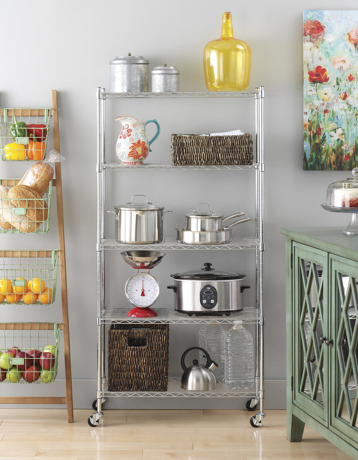 Whitmor 5 Tier Shelving Unit, Adjustable Storage Shelves with Wheels, 400 lbs Capacity per Shelf