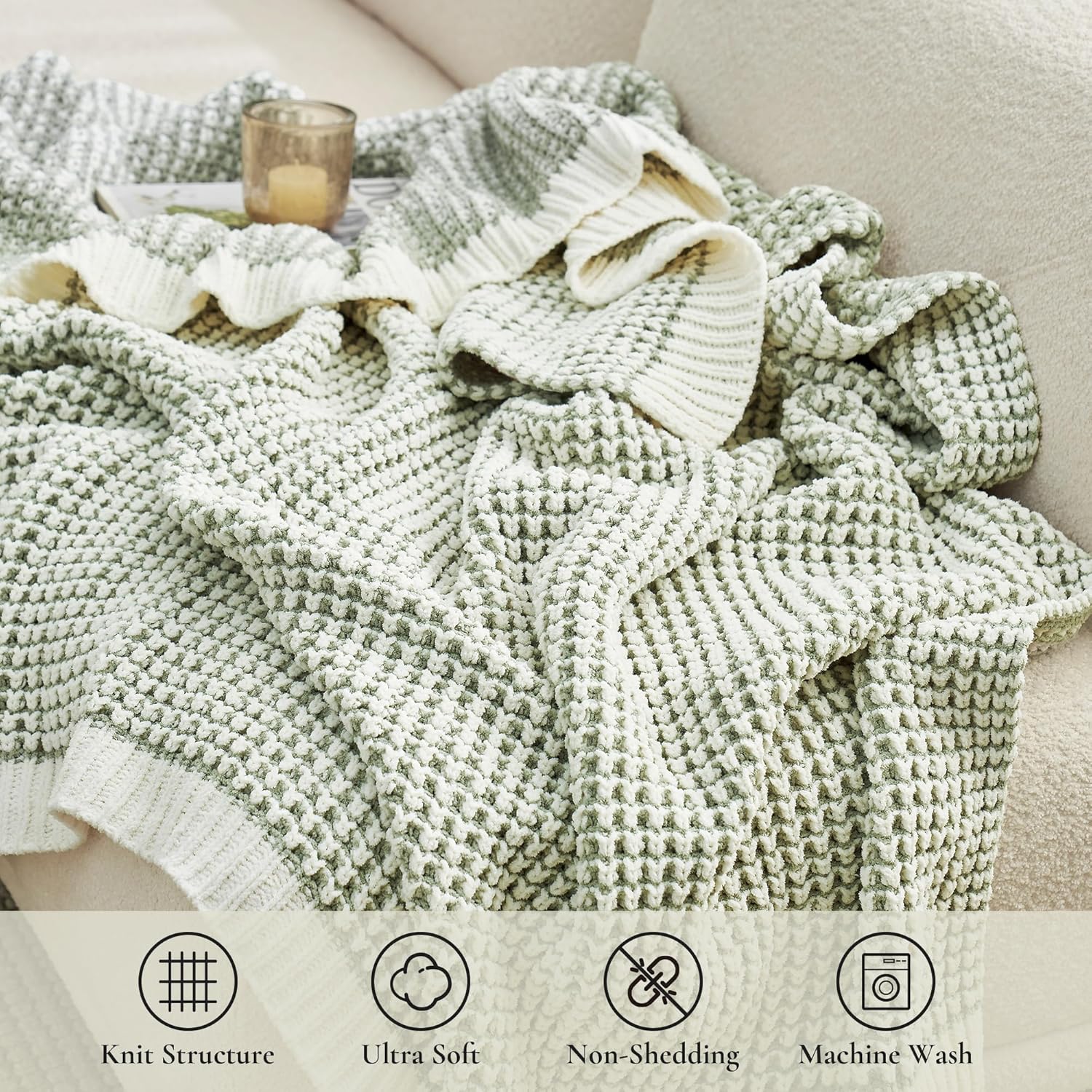 Amélie Home Chenille Waffle Throw Blanket for Couch, Reversible Pineapple Stitch Knit Soft Cozy