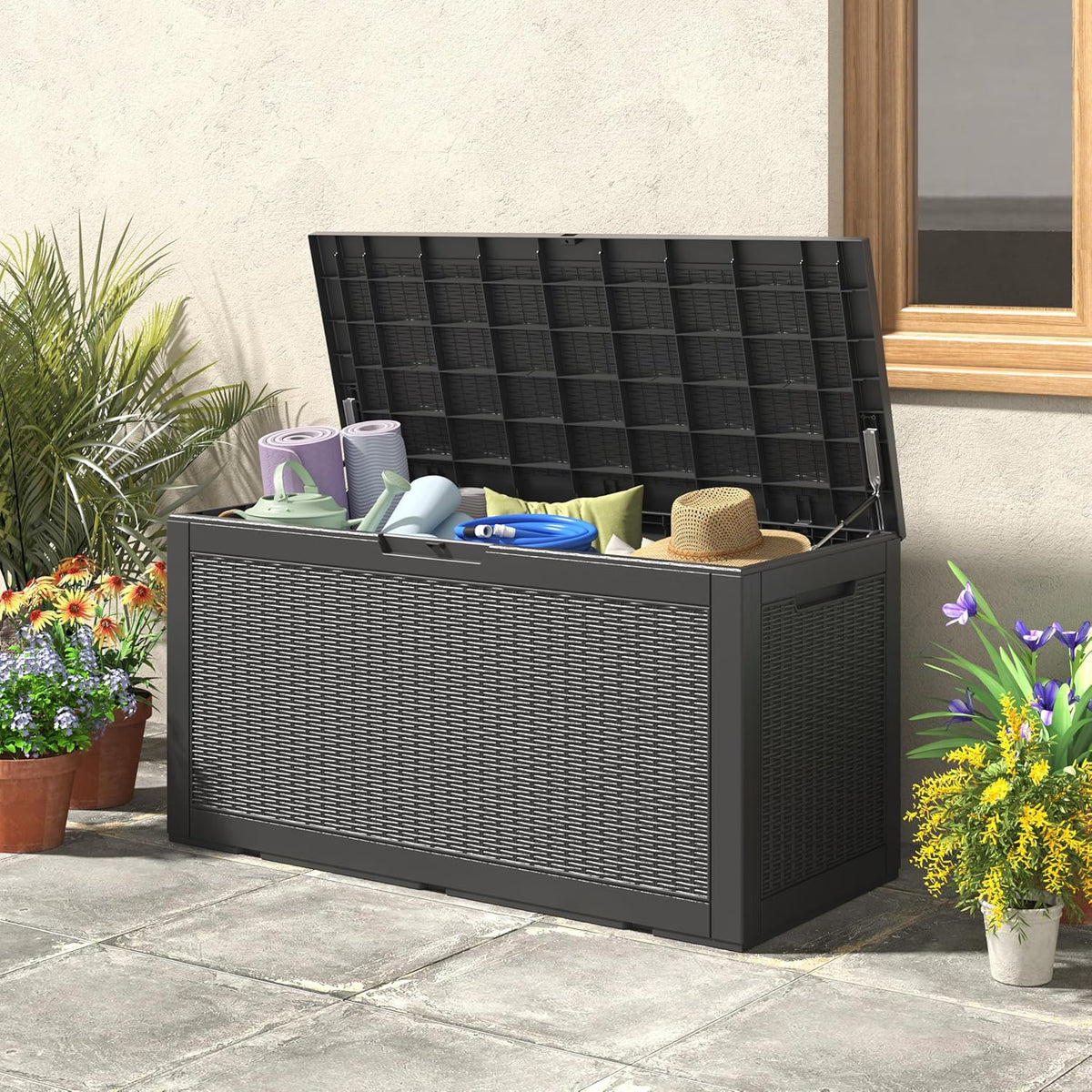NUNU LAB 102 Gallon Large Waterproof Resin Deck Box, Lockable Outdoor Storage Box with Gas Lift
