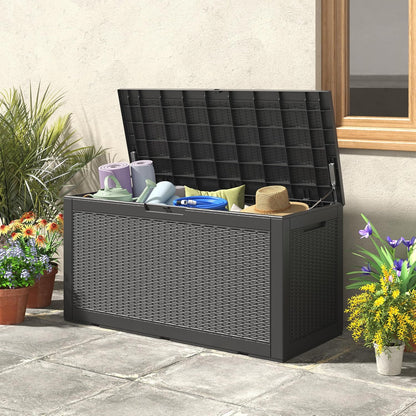 NUNU LAB 102 Gallon Large Waterproof Resin Deck Box, Lockable Outdoor Storage Box with Gas Lift