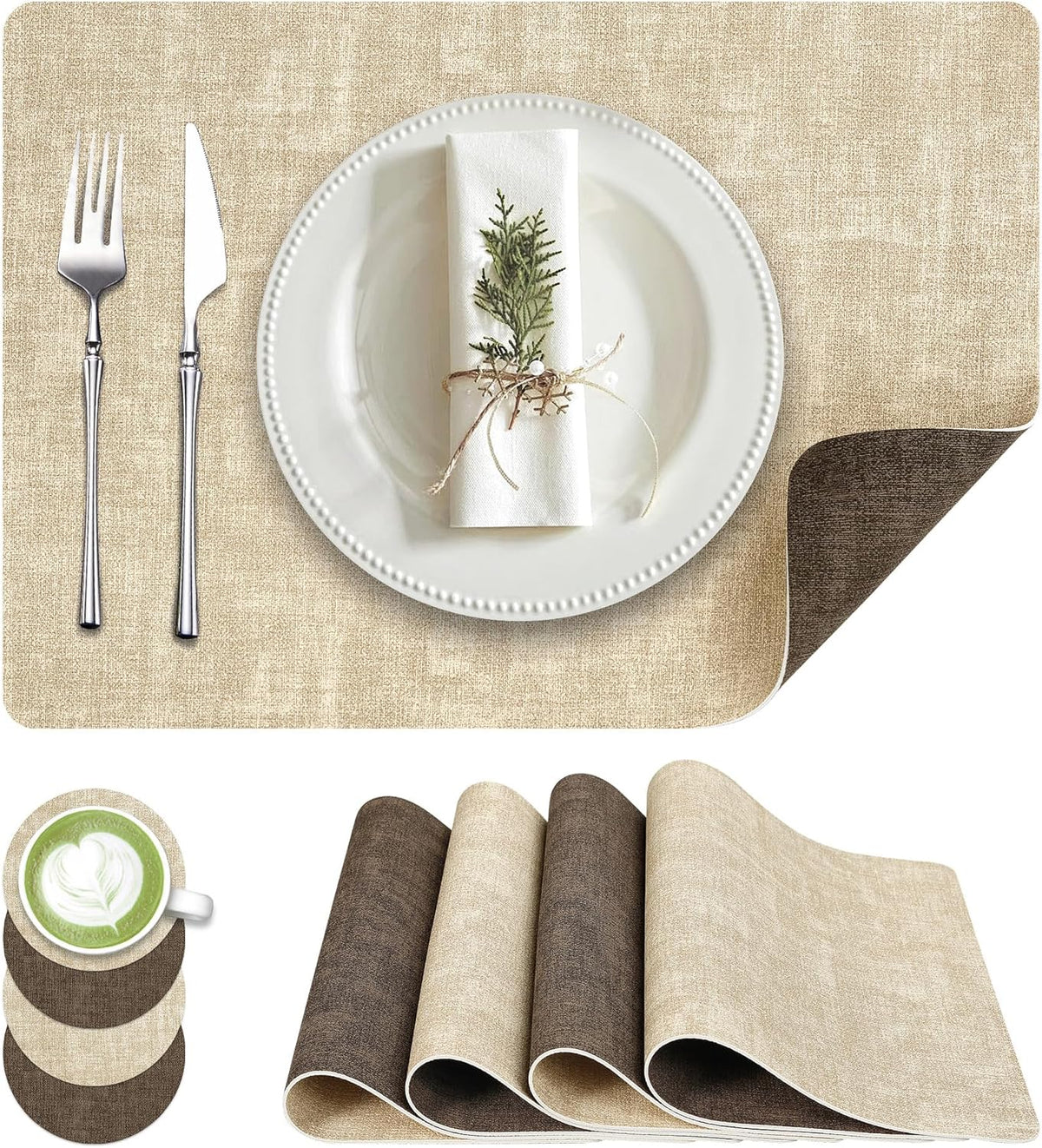 Faux Leather Dual Sided Placemats Set of 4, Square Non-Slip Heat Resistant Placemats with Coaster