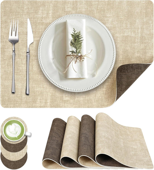Faux Leather Dual Sided Placemats Set of 4, Square Non-Slip Heat Resistant Placemats with Coaster