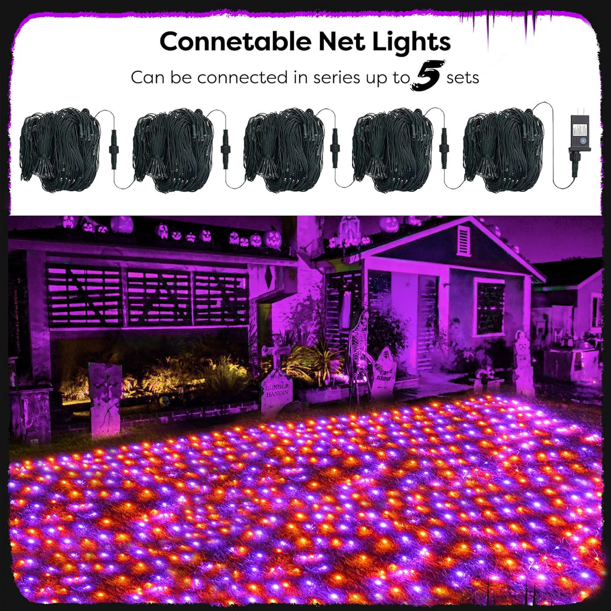 WBao Orange Purple Halloween Lights Outdoor 200LED F8 Big Bulbs, 8.4ft x 5.2ft Halloween Net Lights