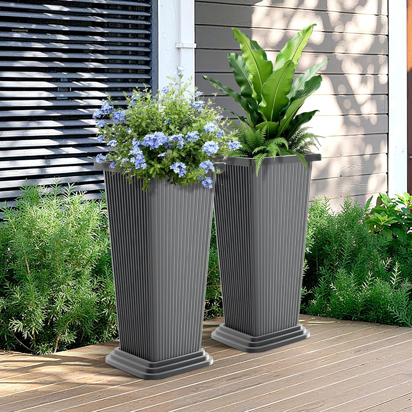 FENCY Set of 2 Tall Planters for Outdoor Plants, 24 Inch Large Tapered Pots with Drainage Trays