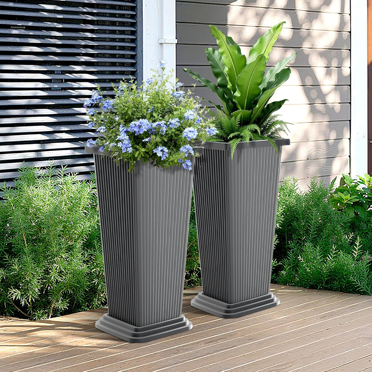 FENCY Set of 2 Tall Planters for Outdoor Plants, 24 Inch Large Tapered Pots with Drainage Trays