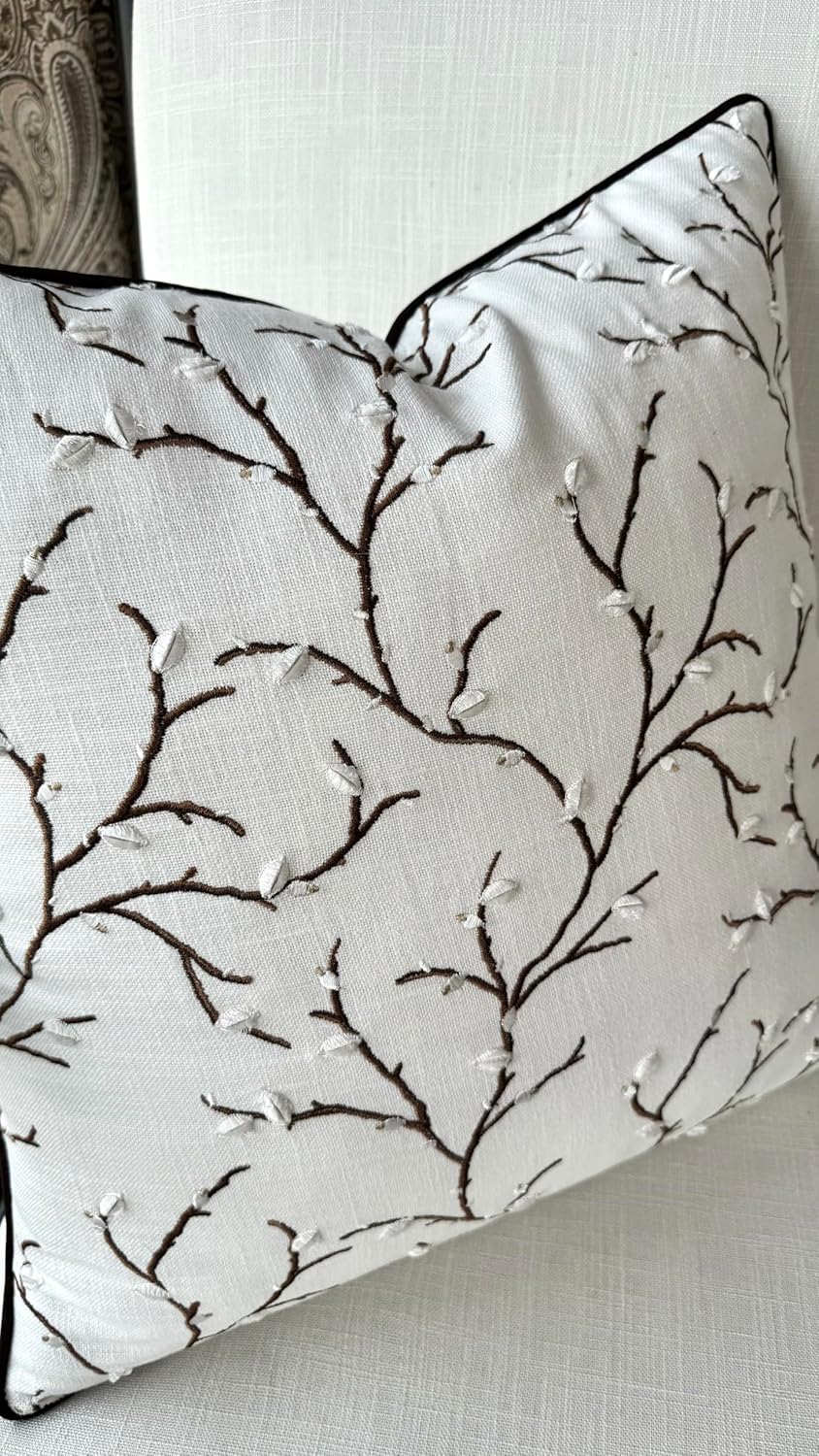 VAGMINE Embroidered Pussy Willow Throw Pillow Cover - 18x18 Inches Square - 100% Cotton Ivory