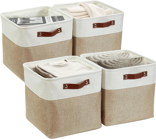 DECOMOMO Storage Cubes, 11x11 Cube Storage Bins, Baskets for Shelves (Beige & White, Cube 11" - 4