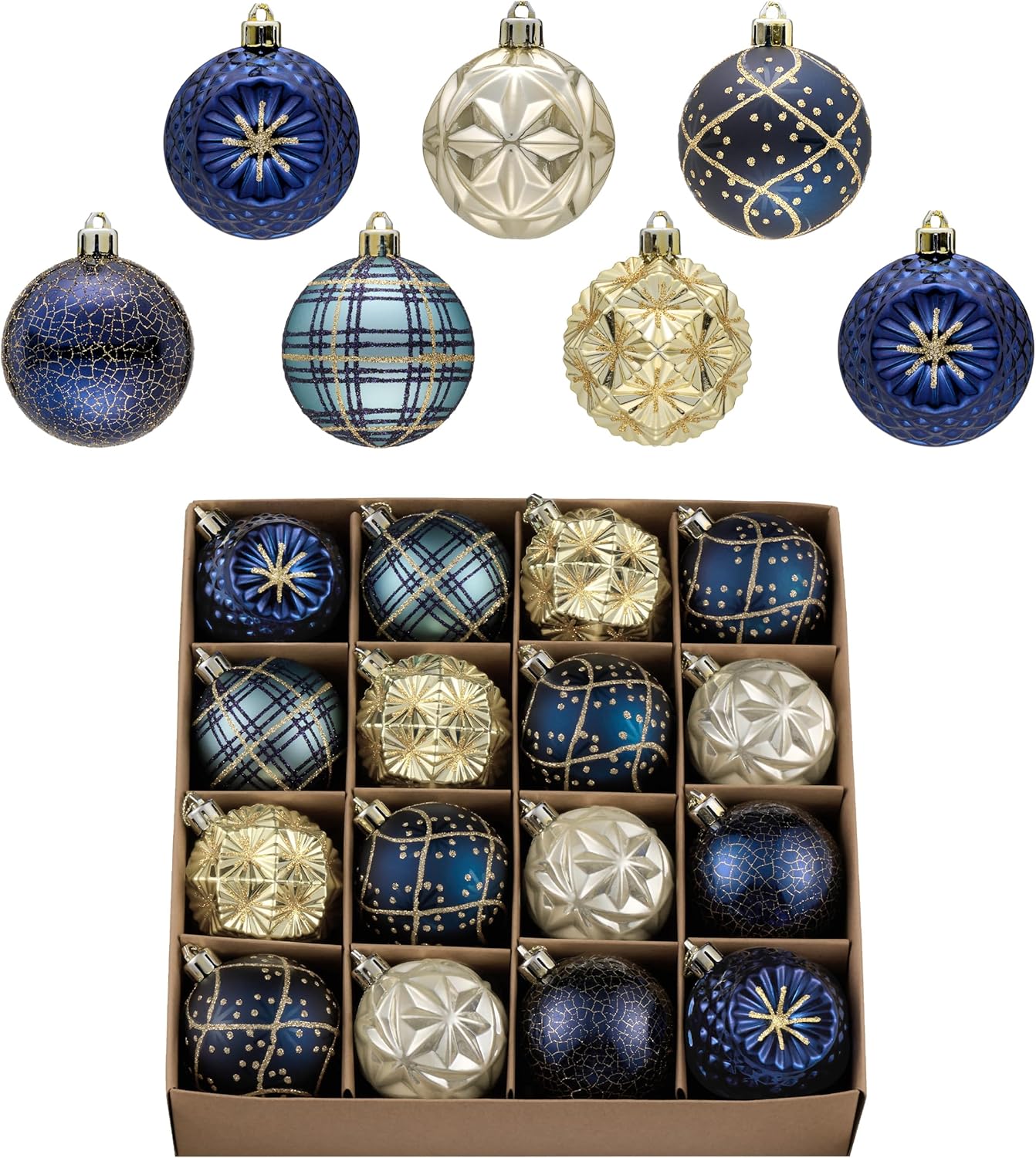Valery Madelyn Ornaments for Christmas Trees, 16ct 2.36 Inches Blue and Gold Shatterproof Christmas