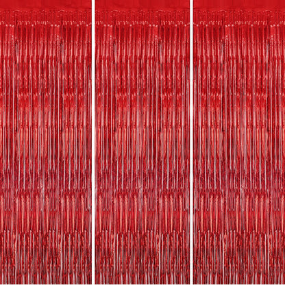 3 Pack Foil Fringe Backdrop - Red Shiny Tinsel Curtains for Party Decoration/Photo Booth Props