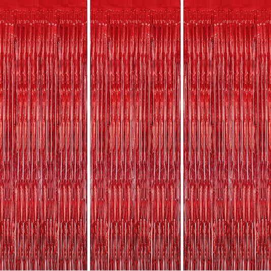 3 Pack Foil Fringe Backdrop - Red Shiny Tinsel Curtains for Party Decoration/Photo Booth Props