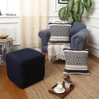 REDEARTH Square Hand Knitted Pouf - Foot Stool Ottoman Coffee Table - Cotton Cord Boho Pouffe
