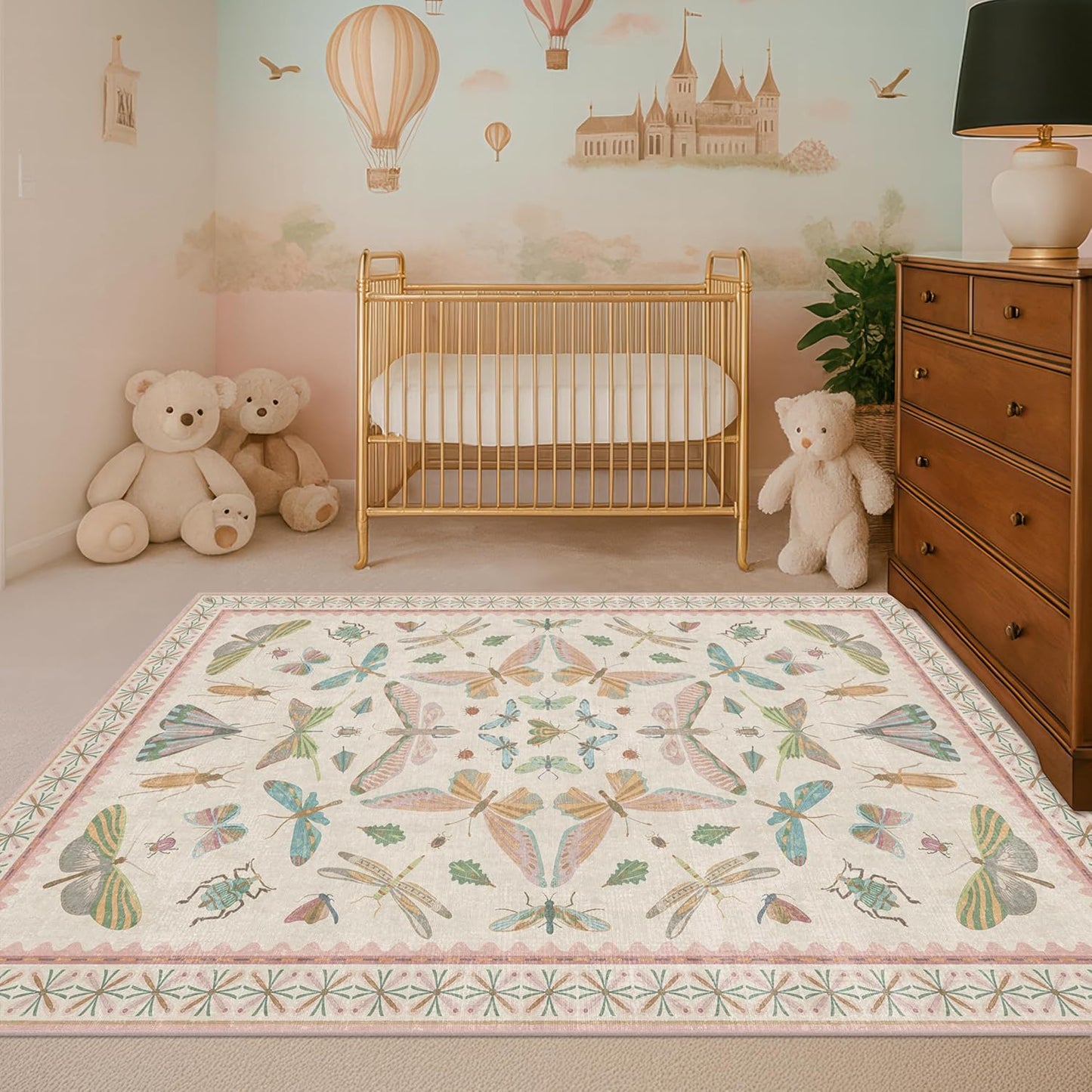 Neutral Girl Nursery Rug 4x6 - Beige & Pink Rugs for Bedroom, Living Room - Washable Low Pile